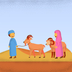 Eid Adha Mubarrak Illustration Two Kids Bring Their Sheep And Goat Vector Flat Cartoon