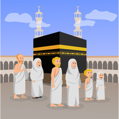 Set Illustration of European Moslem During Hajj Around Kaaba Vector Cartoon
