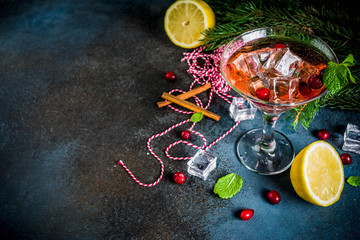 Fototapeta na wymiar Christmas cranberry cocktail with mint and lemon, on dark blue background copy space