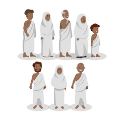 Set of African Muslim Wearing Ihram During Hajj, Islamic Pilgrimage Cartoon Vector Illustration