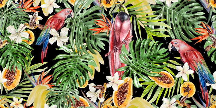 Beautiful watercolor tropical pattern with parrots and flowers of hibiscus and strelitzia. Tropical fruits papaya and bananas.