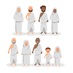 Set of Muslim Wearing Ihram During Hajj, Islamic Pilgrimage Cartoon Vector Illustration