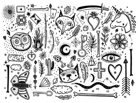 Sketch graphic illustration with mystic and occult hand drawn symbols big set. Vector holiday illustration for Day of the dead or Halloween. Astrological and esoteric concept. Old Fashion Tattoos.