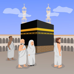 Hajj (Pilgrimage) Islamic Prayer in Macca Illustration Vector Cartoon
