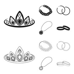 Tiara, gold chain, earrings, pendant with a stone. Jewelery and accessories set collection icons in black,outline style vector symbol stock illustration web. © pandavector