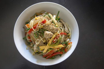 Stir fried Korean glass noodle with soy sauce called Japchae