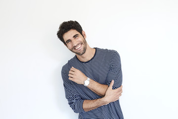 Laughing guy in striped top, portrait