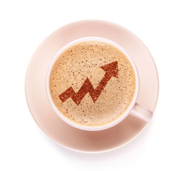 Cup of coffee with arrow up graph on foam