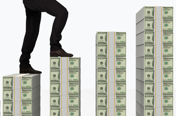 3d rendering. a businessman walking up on us dollar banknote stack stairs. saving money or success...