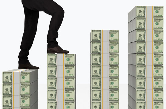 3d rendering. a businessman walking up on us dollar banknote stack stairs. saving money or success in business concept.