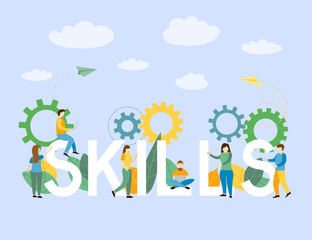 Skills of Business and people standing near letter