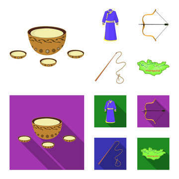 .mongol dressing gown, battle bow, theria on the map, Urga, Khlyst. Mongolia set collection icons in cartoon,flat style vector symbol stock illustration web.