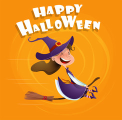 Halloween flying little cartoon witch