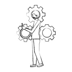 businessman using smartphone and gears work hand drawing