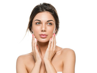 Beauty skin care healthy hair and soft skin woman natural makeup isolated on white