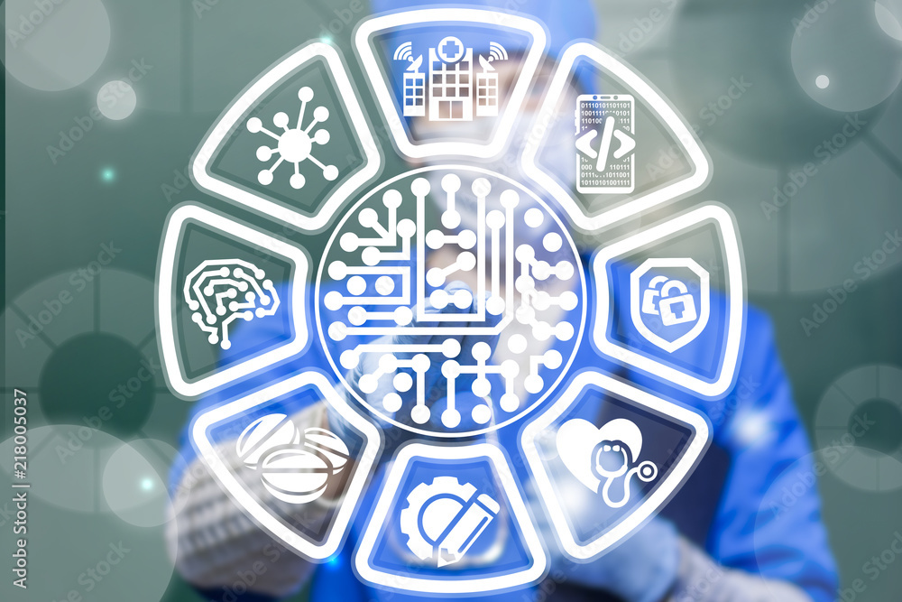 Poster medical worker clicks a micro chip button on a virtual interface. circuit board health care informat
