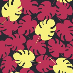 Seamless pattern with tropical Liana leaves on dark background. (Monstéra). An exotic rich color texture for fabric, home, decor & more. 