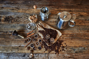 Roasted coffee beans in vintage setting.