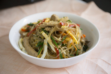 Stir fried Korean glass noodle with soy sauce called Japchae