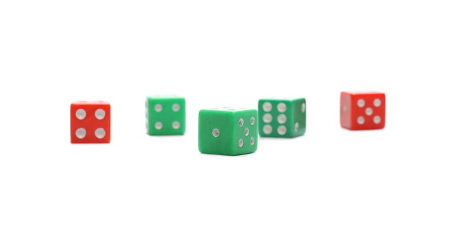 Red and green gambling dice isolated on white background