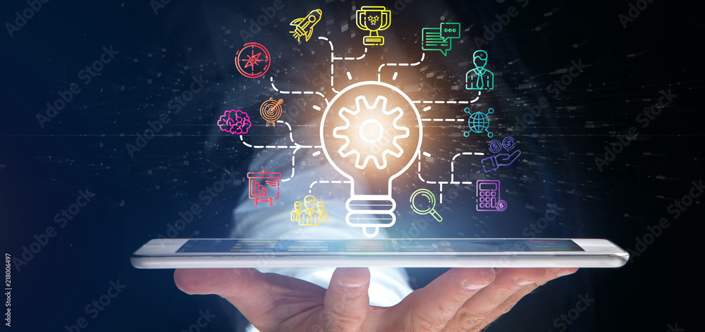 Aufkleber businessman holding a bulb lamp idea concept with start up icon connected 3d rendering