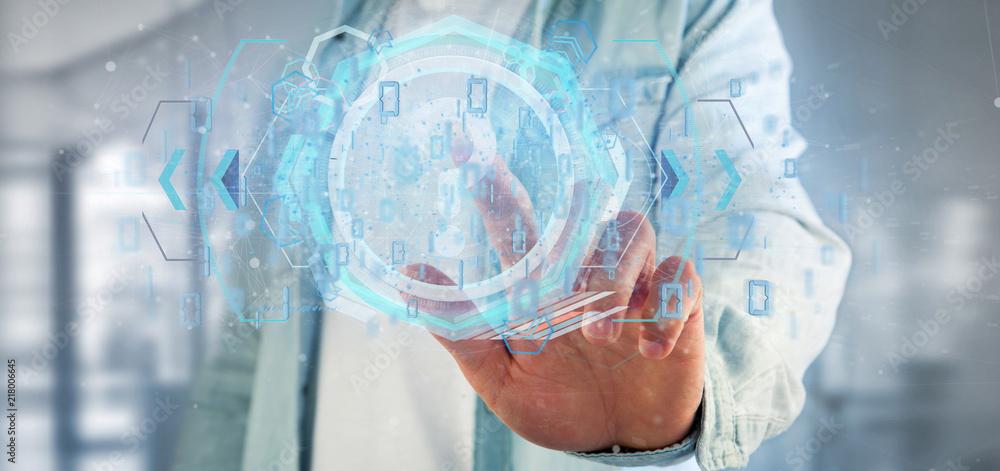 Poster man holding a technology question mark icon on a circle 3d rendering