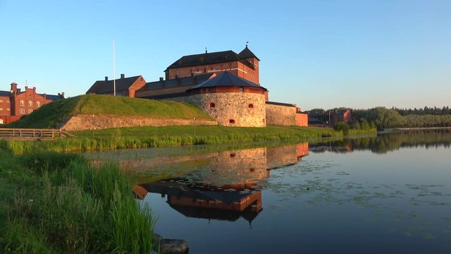 Panorama of the ancient fortress of Hameenlinna, early July morning. Finland  