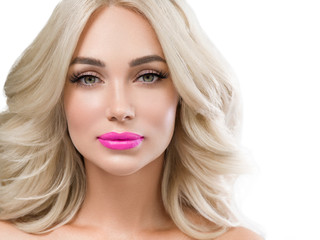 Fototapeta premium Beautiful woman with long blonde hair and red lips, colorful emotional female portrait with beauty makeup and healthy hair