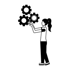 young woman with gear machine isolated icon
