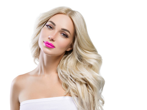 Blonde Hair Beautiful Eyes Lashes Woman With Pink Lipstick