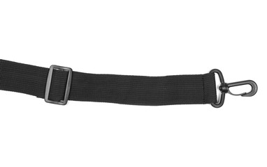 Black synthetic nylon fastening belt, strap isolated on white background, top view