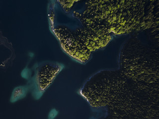 Looking Down at a Lake with Small Islands and Blue Water