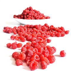 Path of scattered harvested red ripe juicy sweet fresh raspberry and large full plate of berries on white background