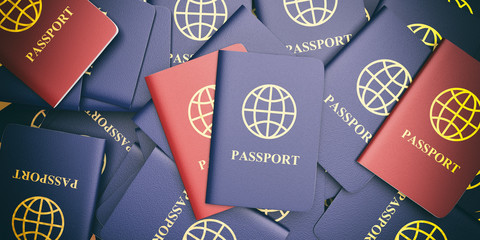 Blue and red passports background. 3d illustration