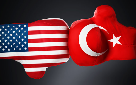 American and Turkish flag textured boxing gloves on black. 3D illustration