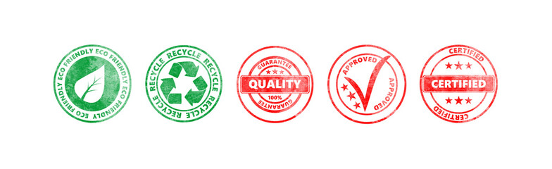 Red and green round stamps with text isolated on white background, banner