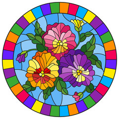 Illustration in stained-glass style with flowers pansies on a blue background in a bright frame, round image