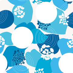 Vector organic seamless abstract background, botanical motif with stylized leaves, flowers and simple geometric shapes. Freehand doodles pattern.