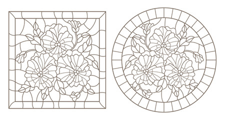 A set of contour illustrations of stained glass Windows with pansys in frames, dark contours on a white background, round and rectangular image