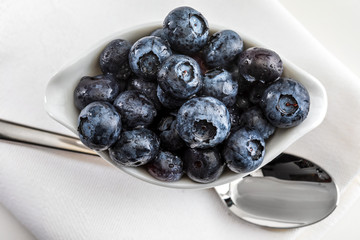 Fresh and raw blueberries in delicate white porcelain bowl. Isolated and on white background.