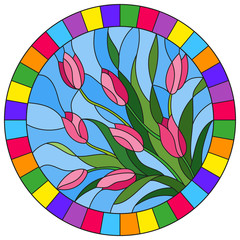 Illustration in stained glass style with a bouquet of pink tulips on a blue background with bright frame,round image