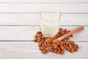 Almond milk close up with space for text