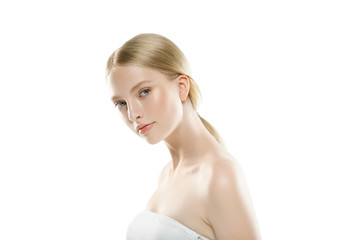 Pure healthy skin woman face close up isolated on white blonde hair