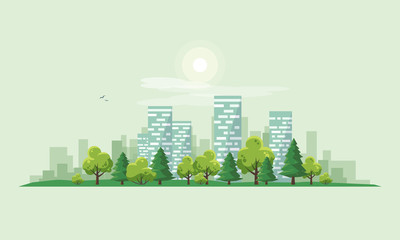 Flat vector illustration of urban road landscape street with city office house buildings and green trees on skyline background in cartoon style. © petovarga
