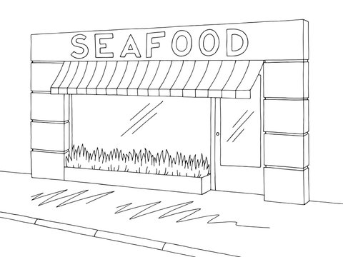 Seafood store shop exterior graphic black white sketch illustration vector