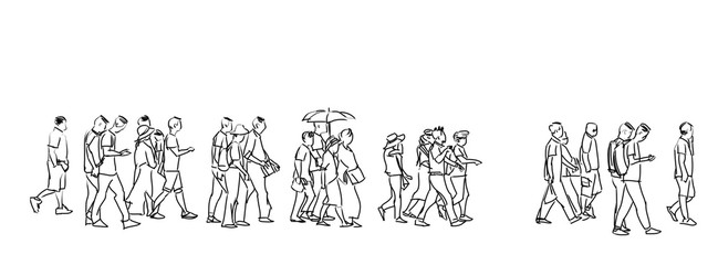 illustration sketch of people walking panorama view isolated on white background