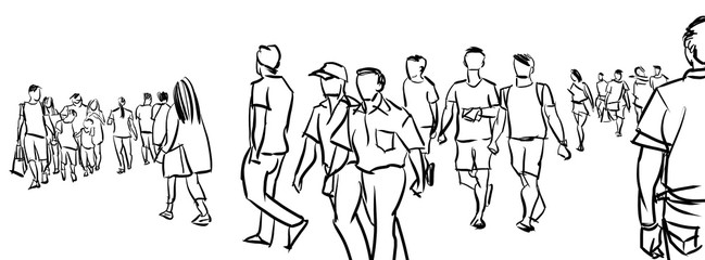 illustration sketch of people walking panorama view isolated on white background