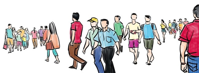 illustration sketch of people walking panorama view isolated on white background