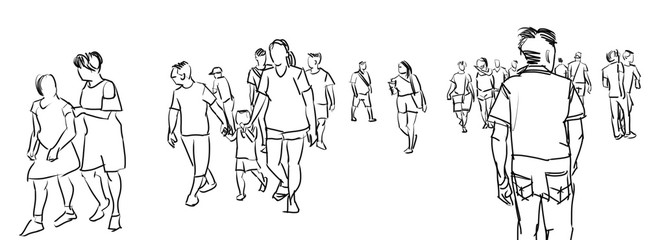 illustration sketch of people walking panorama view isolated on white background