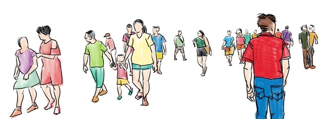 illustration sketch of people walking panorama view isolated on white background